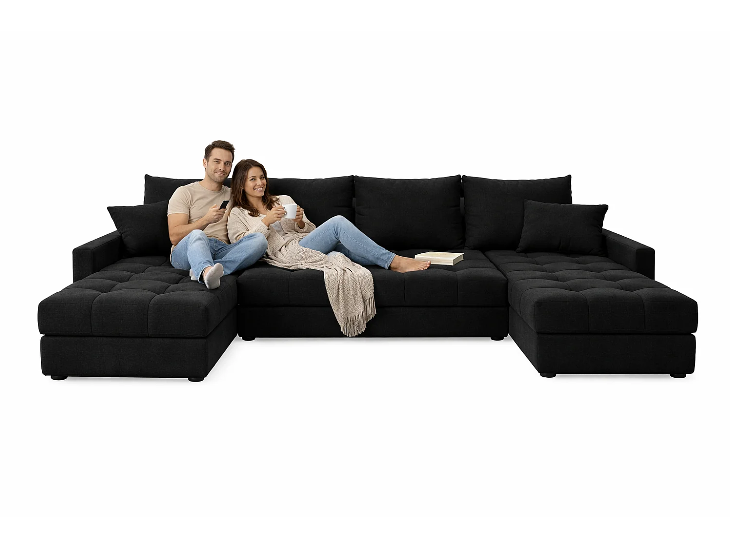Wohnlandschaft AURELIA – Ecksofa in U-Form mit Schlaffunktion, Bettkasten & Kissen Stoff KRONOS 287 cm Schwarz