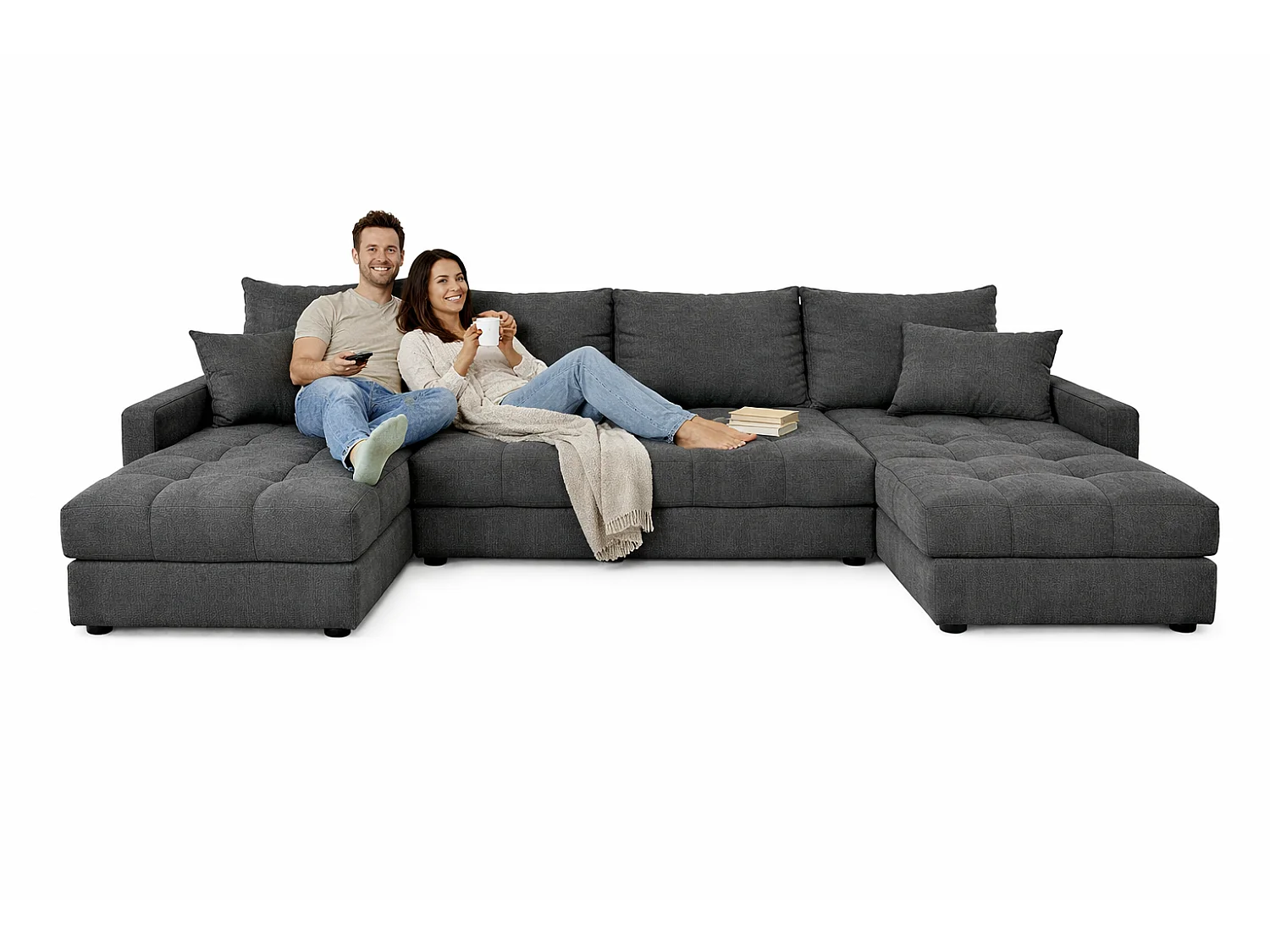 Wohnlandschaft AURELIA – Ecksofa in U-Form mit Schlaffunktion, Bettkasten & Kissen Stoff KRONOS 287 cm Anthrazit