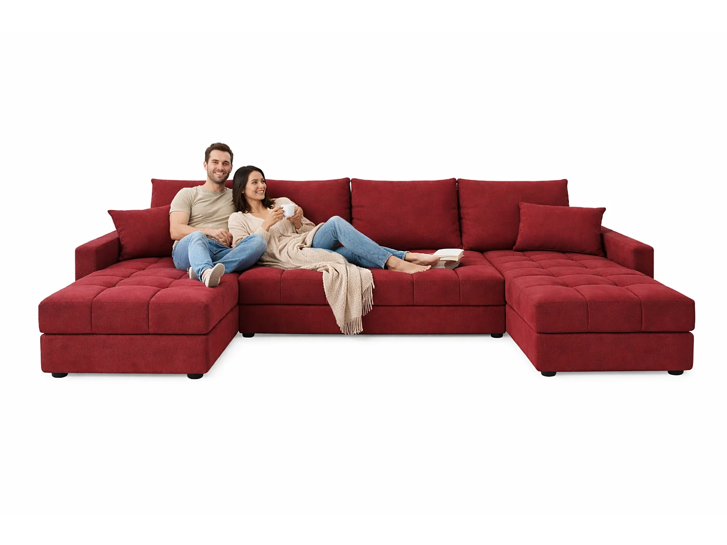 Wohnlandschaft AURELIA – Ecksofa in U-Form mit Schlaffunktion, Bettkasten & Kissen Stoff KRONOS 287 cm Rot