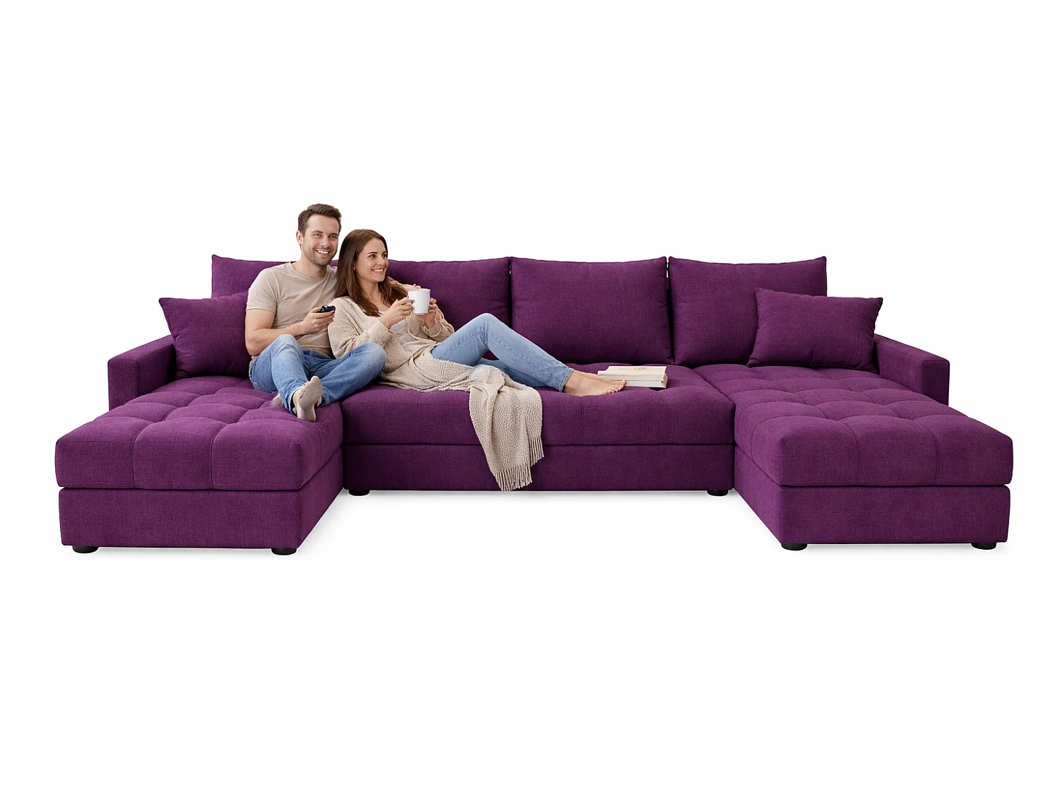 Wohnlandschaft AURELIA – Ecksofa in U-Form mit Schlaffunktion, Bettkasten & Kissen Stoff KRONOS 287 cm Violett