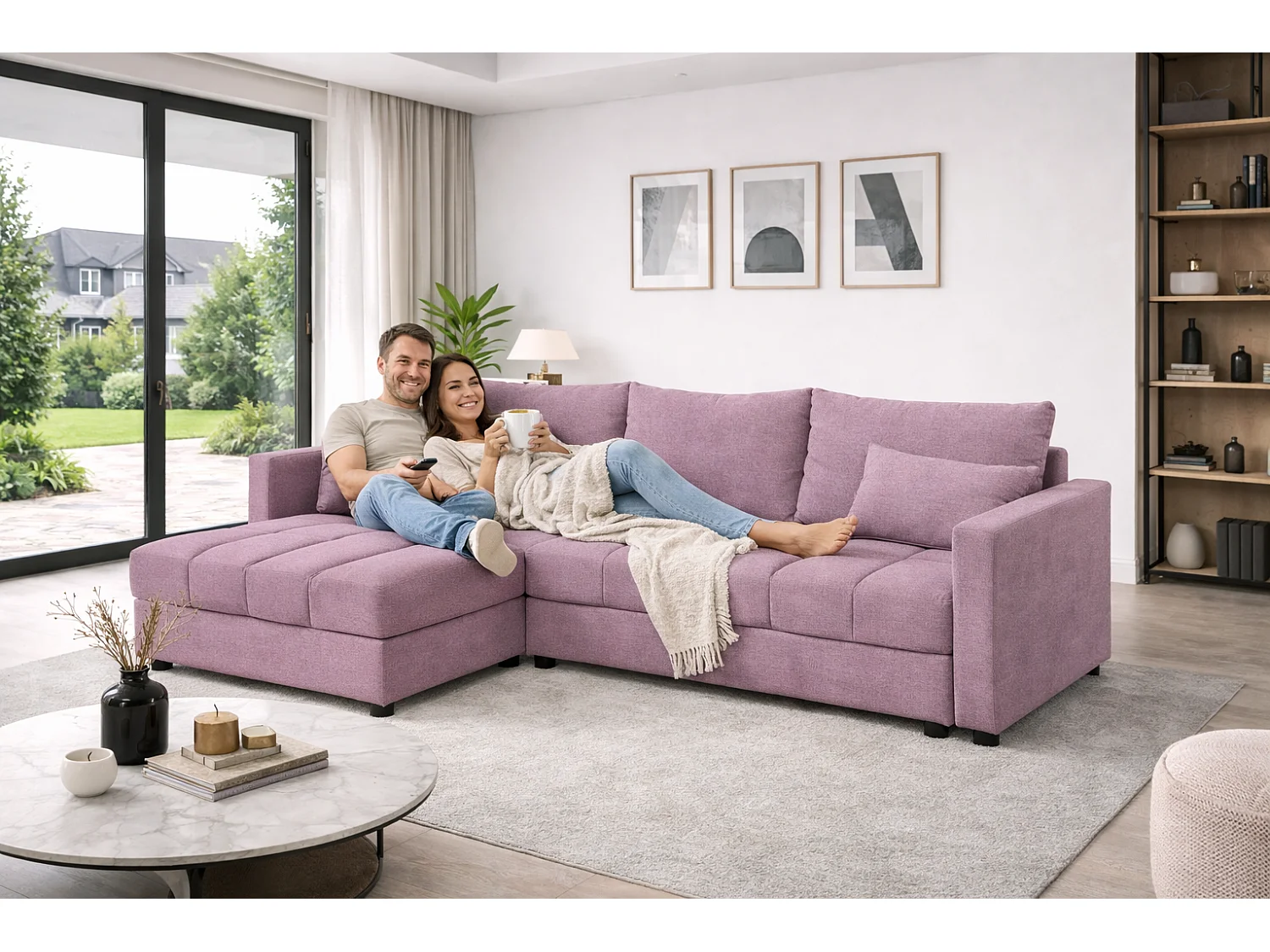 ECKSOFA AURELIA– in L-Form mit Schlaffunktion Bettkasten & Kissen Stoff KRONOS 226 cm Rosa