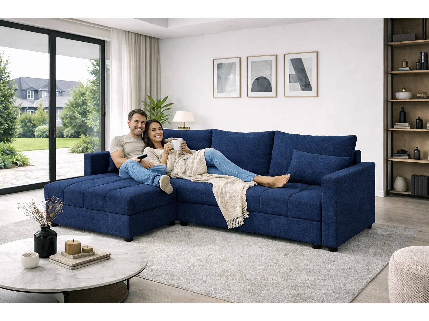 ECKSOFA AURELIA– in L-Form mit Schlaffunktion Bettkasten & Kissen Stoff KRONOS 226 cm Blau