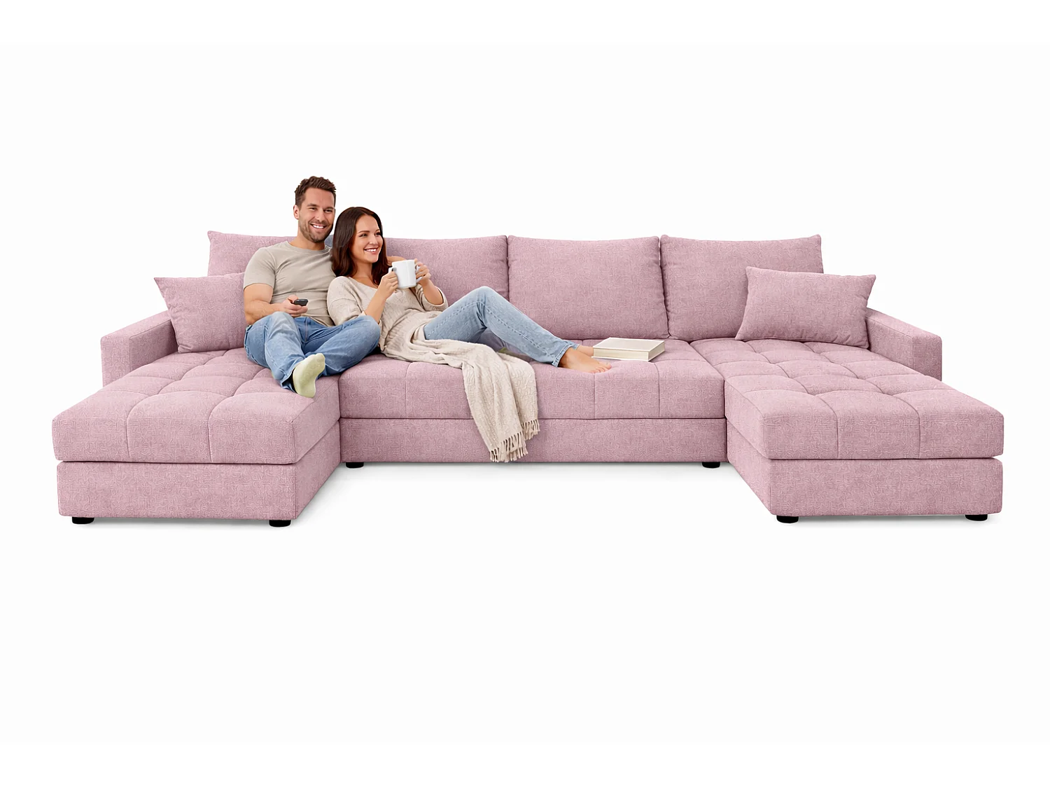 Wohnlandschaft AURELIA – Ecksofa in U-Form mit Schlaffunktion, Bettkasten & Kissen Stoff KRONOS 287 cm Rosa
