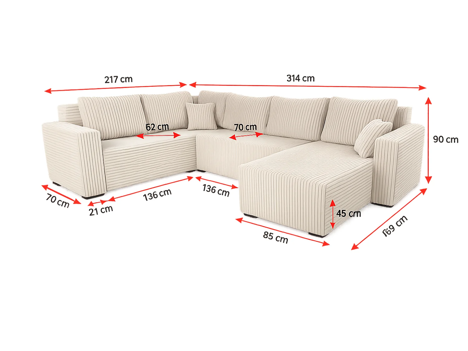 Wohnlandschaft Stylo U-Form mit Schlaffunktion & Bettkasten – Ecksofa in Cord Tilia – Breite 315 cm Beige