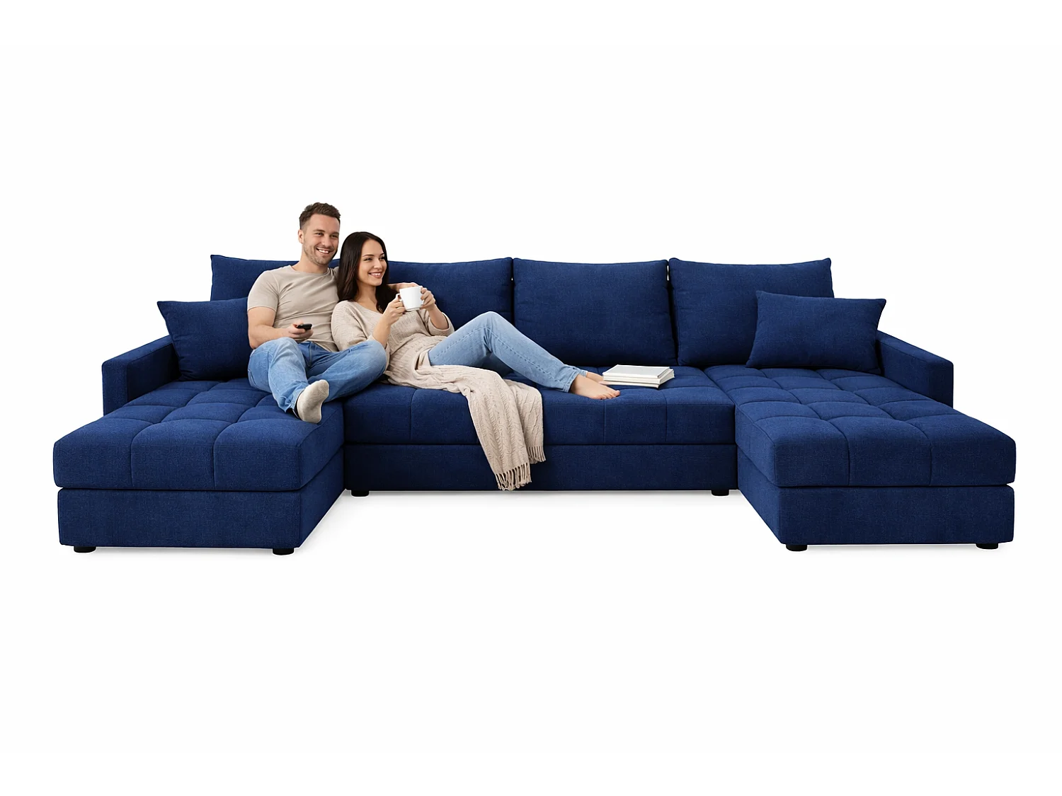 Wohnlandschaft AURELIA – Ecksofa in U-Form mit Schlaffunktion, Bettkasten & Kissen Stoff KRONOS 287 cm Blau