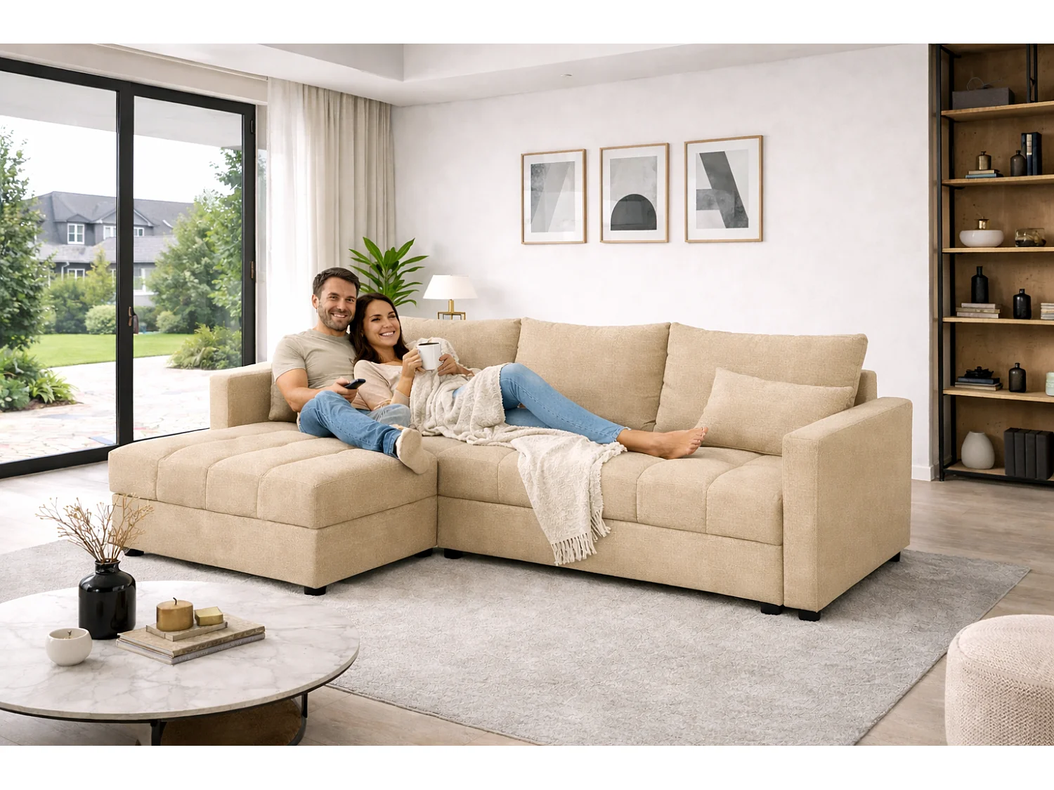 ECKSOFA AURELIA– in L-Form mit Schlaffunktion Bettkasten & Kissen Stoff KRONOS 226 cm Creme