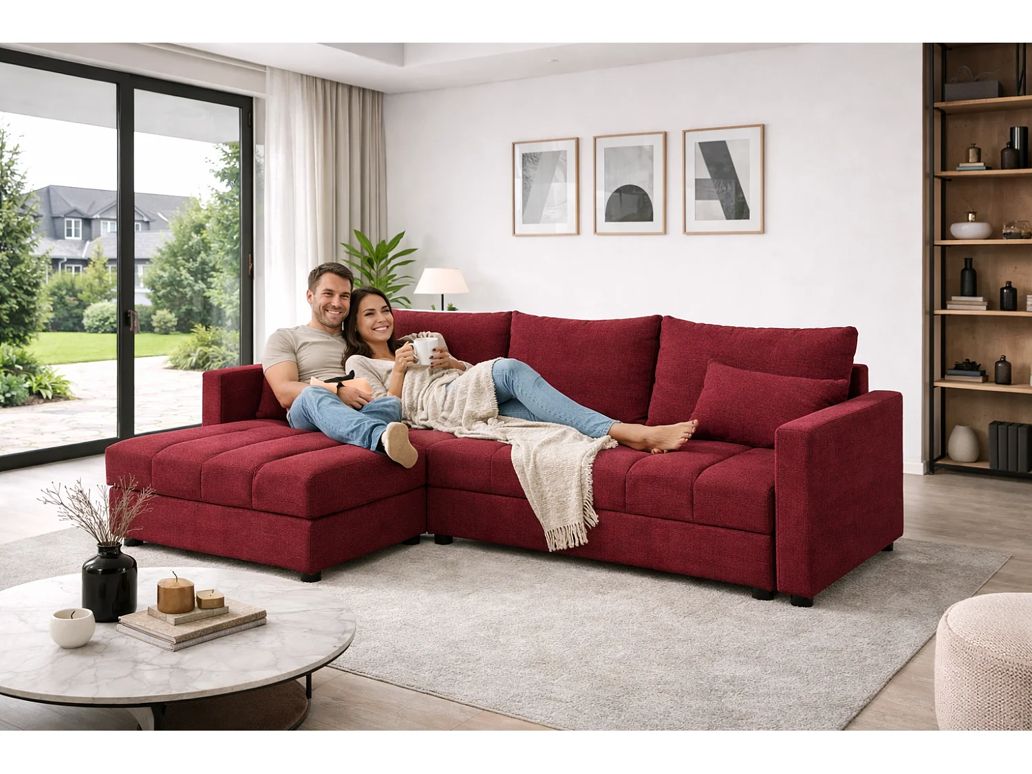 ECKSOFA AURELIA– in L-Form mit Schlaffunktion Bettkasten & Kissen Stoff KRONOS 226 cm Rot