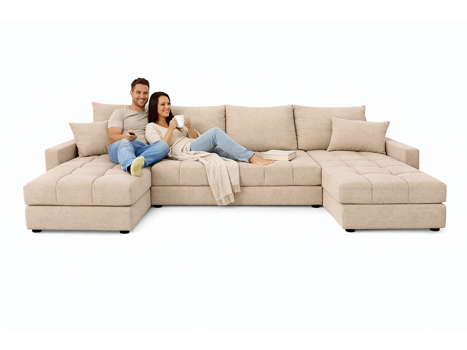 Wohnlandschaft AURELIA – Ecksofa in U-Form mit Schlaffunktion, Bettkasten & Kissen Stoff KRONOS 287 cm Creme