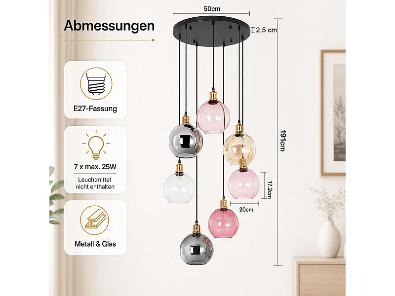 NETTLIFE Pendelleuchte 7 Glaskugeln 190cm höhenverstellbar für Wohnzimmer/Esszimmer/Treppenhaus.