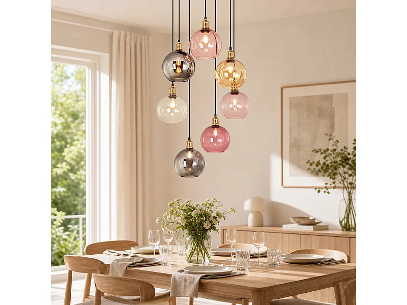 NETTLIFE Pendelleuchte 7 Glaskugeln 190cm höhenverstellbar für Wohnzimmer/Esszimmer/Treppenhaus.
