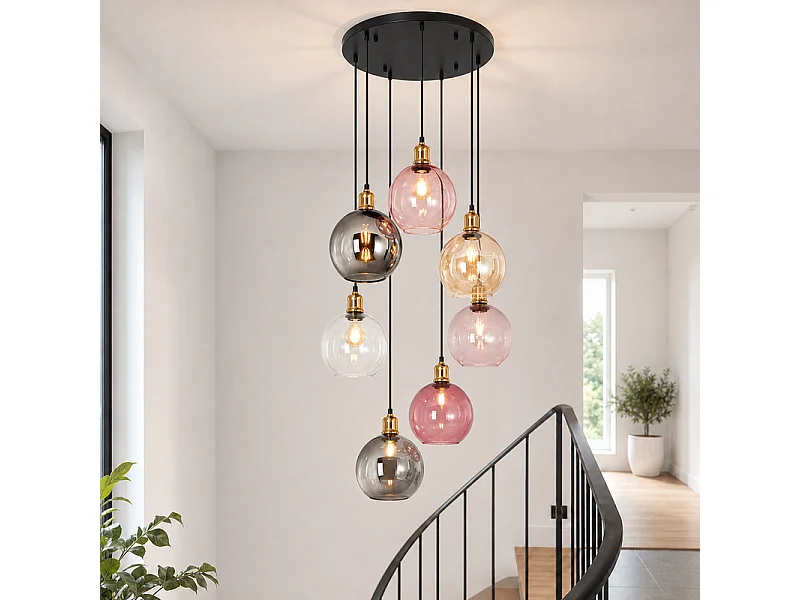 NETTLIFE Pendelleuchte 7 Glaskugeln 190cm höhenverstellbar für Wohnzimmer/Esszimmer/Treppenhaus.