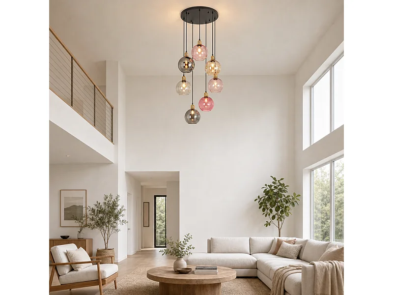 NETTLIFE Pendelleuchte 7 Glaskugeln 190cm höhenverstellbar für Wohnzimmer/Esszimmer/Treppenhaus.