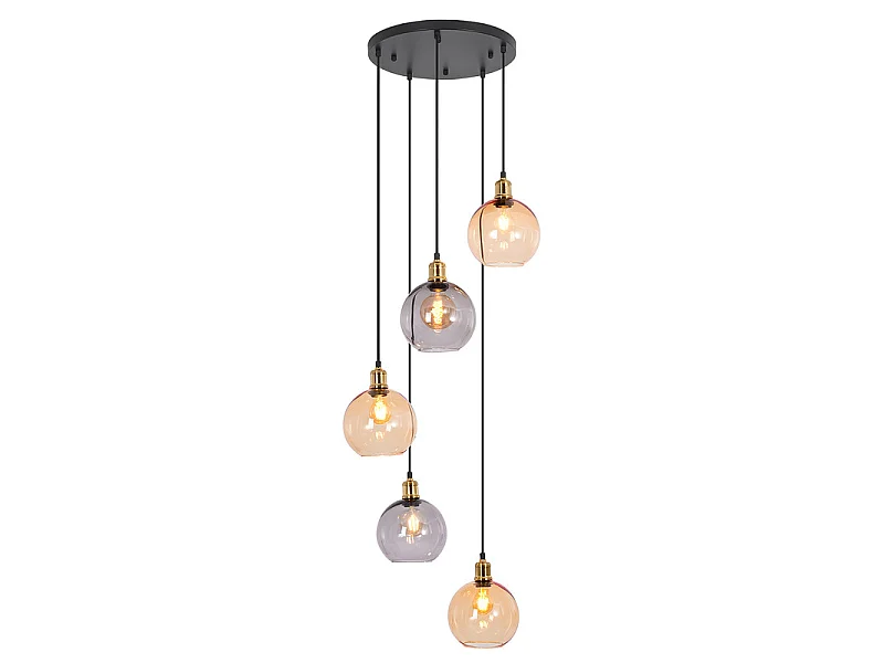 NETTLIFE Pendelleuchte 5 Glaskugeln 160cm Matt Schwarz/Messing höhenverstellbar für Wohnzimmer/Treppenhaus.