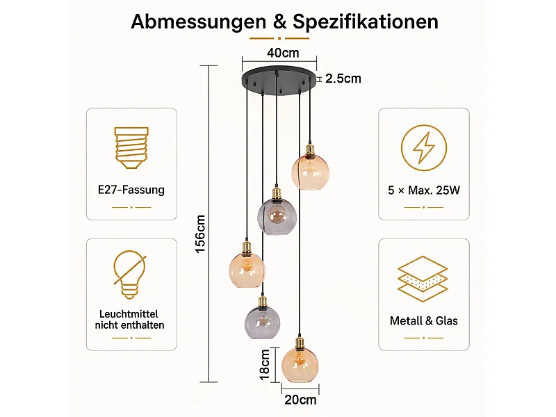 NETTLIFE Pendelleuchte 5 Glaskugeln 160cm Matt Schwarz/Messing höhenverstellbar für Wohnzimmer/Treppenhaus.