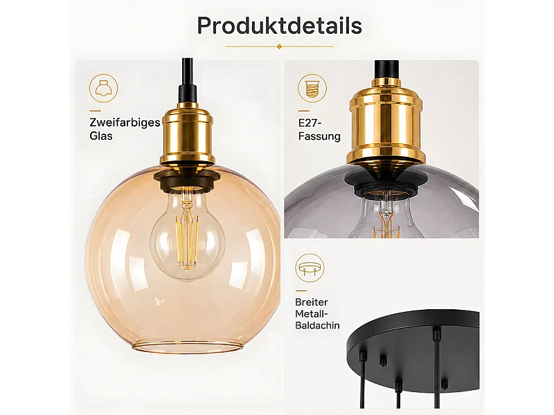 NETTLIFE Pendelleuchte 5 Glaskugeln 160cm Matt Schwarz/Messing höhenverstellbar für Wohnzimmer/Treppenhaus.