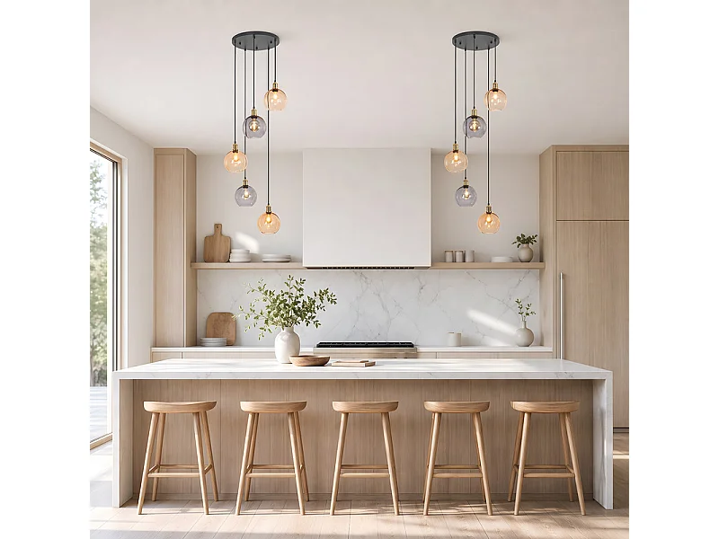 NETTLIFE Pendelleuchte 5 Glaskugeln 160cm Matt Schwarz/Messing höhenverstellbar für Wohnzimmer/Treppenhaus.