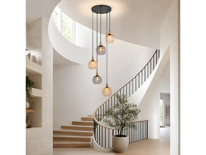 NETTLIFE Pendelleuchte 5 Glaskugeln 160cm Matt Schwarz/Messing höhenverstellbar für Wohnzimmer/Treppenhaus.