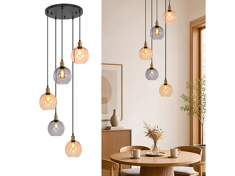 NETTLIFE Pendelleuchte 5 Glaskugeln 160cm Matt Schwarz/Messing höhenverstellbar für Wohnzimmer/Treppenhaus.