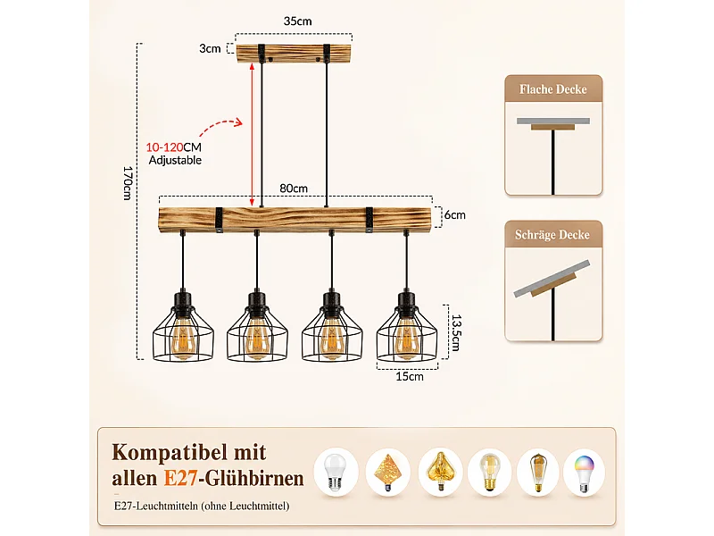 NETTLIFE Vintage-Hängeleuchte für Esstisch, Holz-Hängelampe