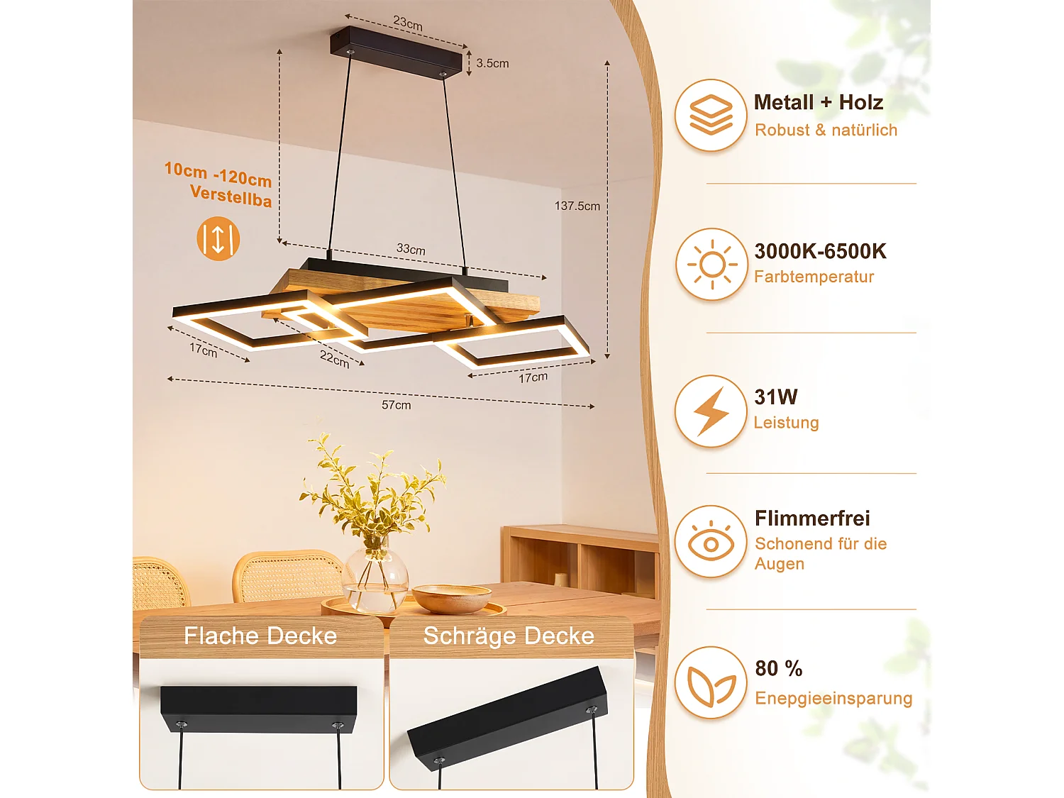 NETTLIFE Drewniana Wisząca Lampa do Jadalni, Nowoczesna z Możliwością Ściemniania E27, Oprawa Wisząca do Kuchni