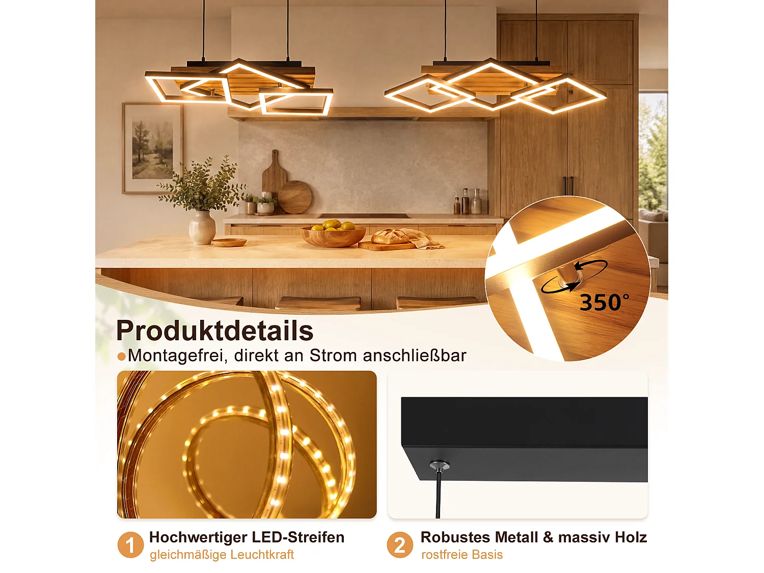 NETTLIFE Drewniana Wisząca Lampa do Jadalni, Nowoczesna z Możliwością Ściemniania E27, Oprawa Wisząca do Kuchni