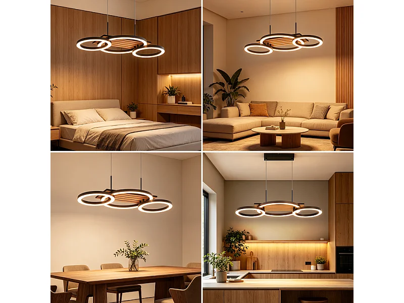 NETTLIFE Lampa wisząca LED do stołu jadalnego, design z 3 pierścieniami, wygląd drewna, 58 cm
