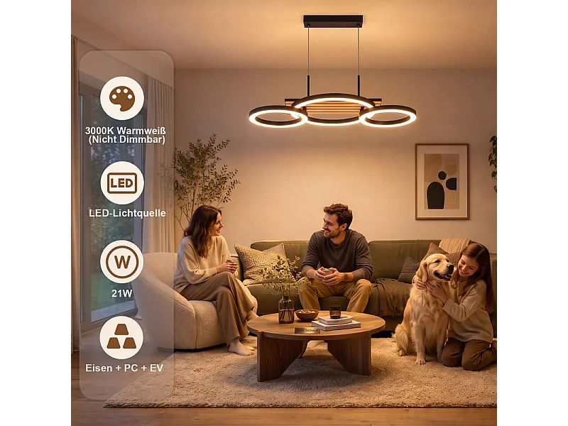 NETTLIFE Lampa wisząca LED do stołu jadalnego, design z 3 pierścieniami, wygląd drewna, 58 cm