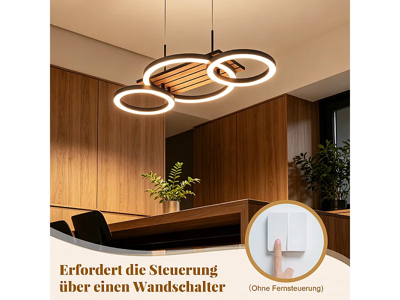 NETTLIFE Lampa wisząca LED do stołu jadalnego, design z 3 pierścieniami, wygląd drewna, 58 cm