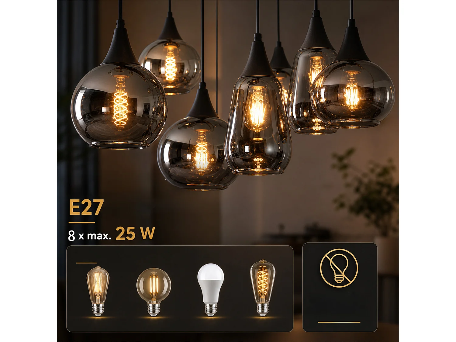 NETTLIFE Glas-Hängeleuchte 8-flammig E27, Pendelleuchte für Wohnzimmer und Küche [Energieeffizienzklasse E]