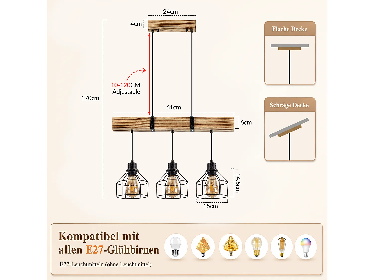 NETTLIFE Hängeleuchte aus Holz für Esszimmer Vintage E27 Retro, Pendelleuchte für Küche und Wohnzimmer