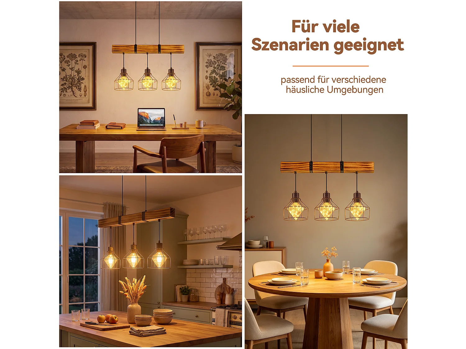 NETTLIFE Hängeleuchte aus Holz für Esszimmer Vintage E27 Retro, Pendelleuchte für Küche und Wohnzimmer
