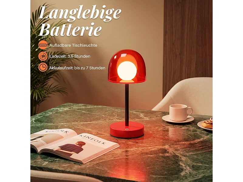 NETTLIFE Kabellose LED-Tischleuchte, dimmbar, Touch-Bedienung, mit Akku, Sandrot
