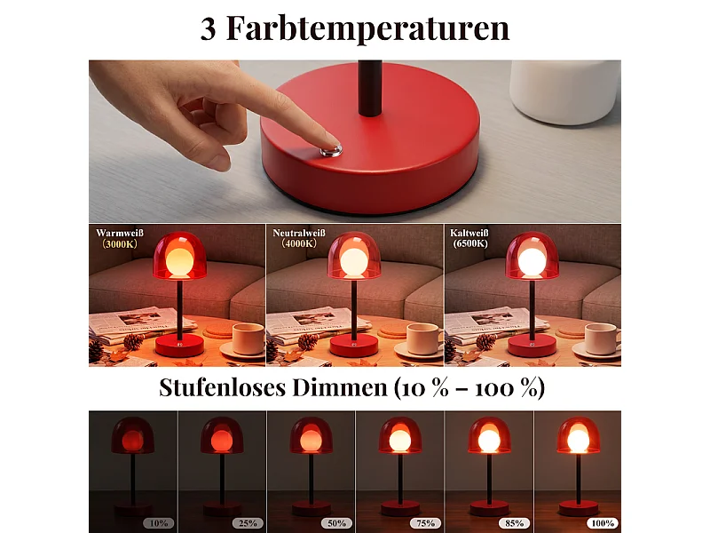 NETTLIFE Kabellose LED-Tischleuchte, dimmbar, Touch-Bedienung, mit Akku, Sandrot