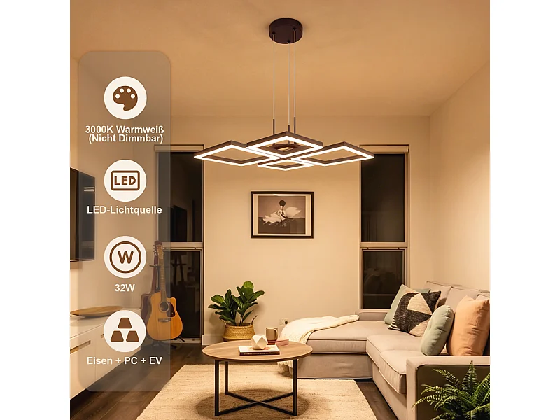 NETTLIFE Nowoczesna kwadratowa lampa wisząca LED 32W, 3000K ciepła biel, regulowana wysokość, wygląd drewna