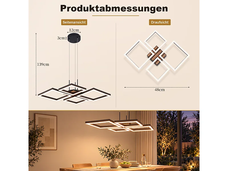 NETTLIFE Nowoczesna kwadratowa lampa wisząca LED 32W, 3000K ciepła biel, regulowana wysokość, wygląd drewna