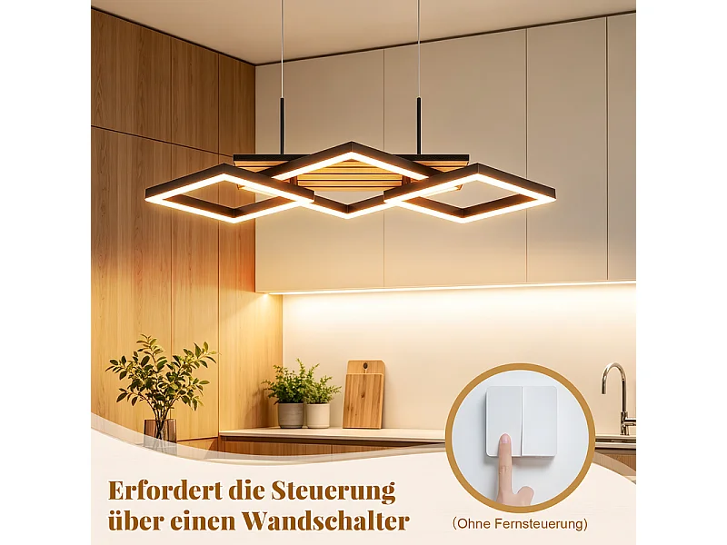 NETTLIFE Lampa wisząca LED do stołu jadalnego, design z 3 rombami, wygląd drewna, 58 cm