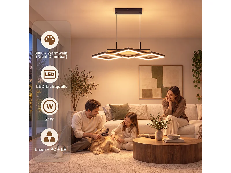 NETTLIFE Lampa wisząca LED do stołu jadalnego, design z 3 rombami, wygląd drewna, 58 cm
