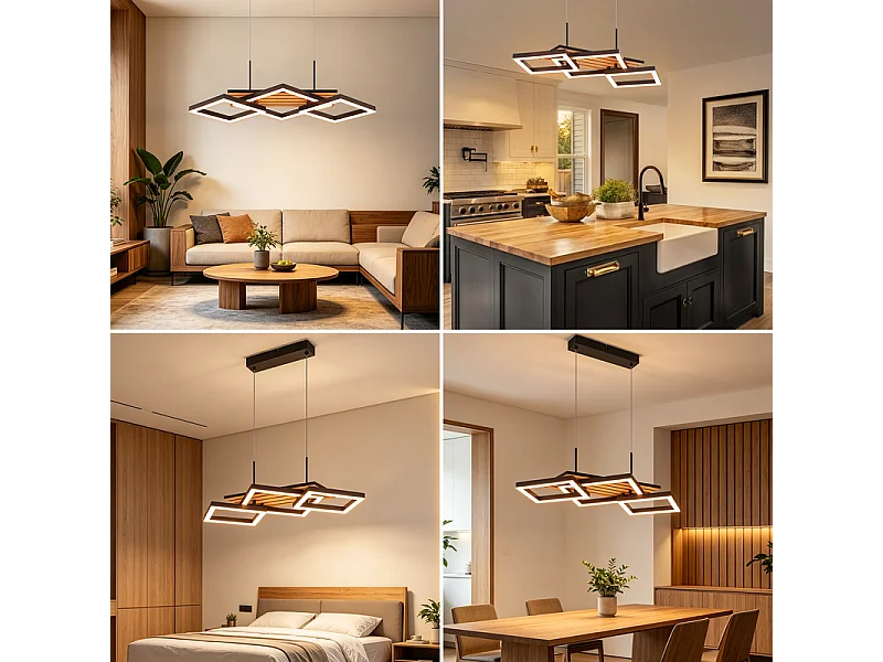 NETTLIFE Lampa wisząca LED do stołu jadalnego, design z 3 rombami, wygląd drewna, 58 cm