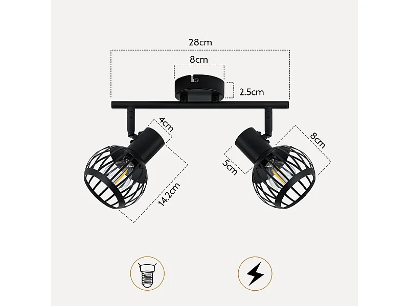 NETTLIFE Spot plafond 2 lumières vintage noir E14 orientable 350° cage métal pour cuisine/salon