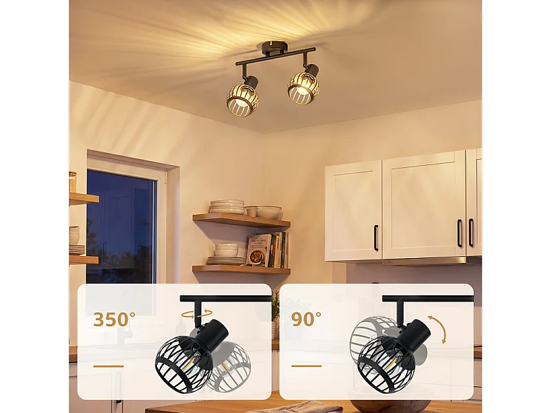 NETTLIFE Spot plafond 2 lumières vintage noir E14 orientable 350° cage métal pour cuisine/salon