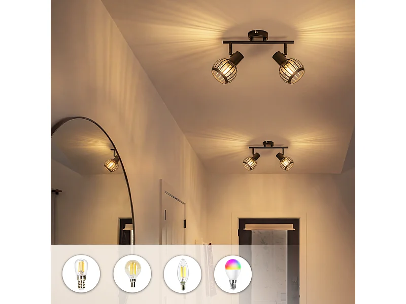 NETTLIFE Spot plafond 2 lumières vintage noir E14 orientable 350° cage métal pour cuisine/salon