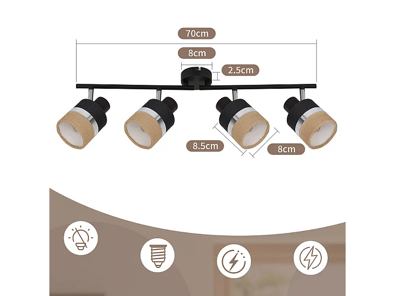 NETTLIFE Glitzerlife Applique de plafond LED Lampe de plafond Noire 4 flammes Luminaire de plafond