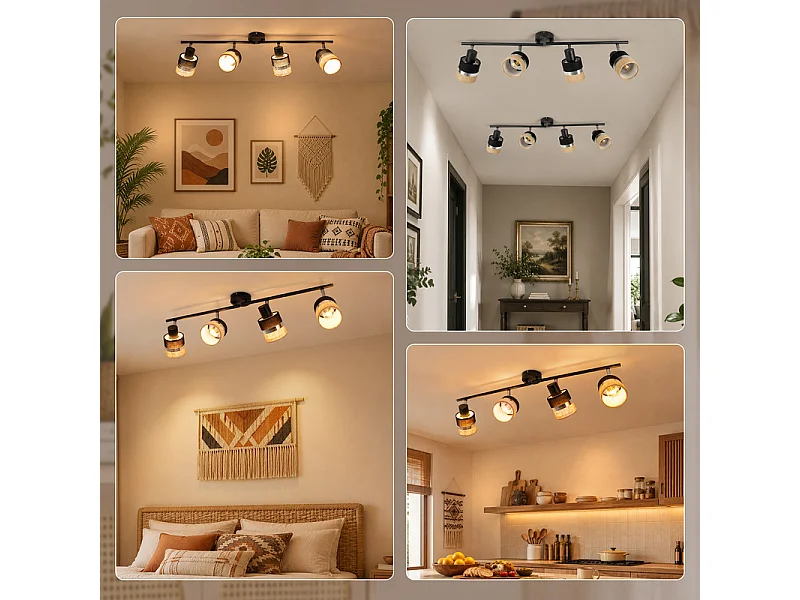 NETTLIFE Glitzerlife Applique de plafond LED Lampe de plafond Noire 4 flammes Luminaire de plafond