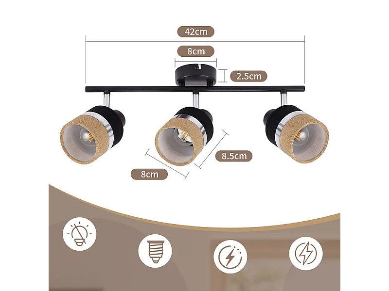 NETTLIFE Glitzerlife Applique de plafond LED 3 flammes Lampe de plafond Noire Luminaire de plafond