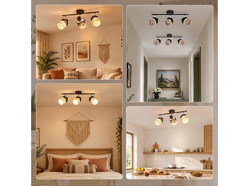 NETTLIFE Glitzerlife Applique de plafond LED 3 flammes Lampe de plafond Noire Luminaire de plafond