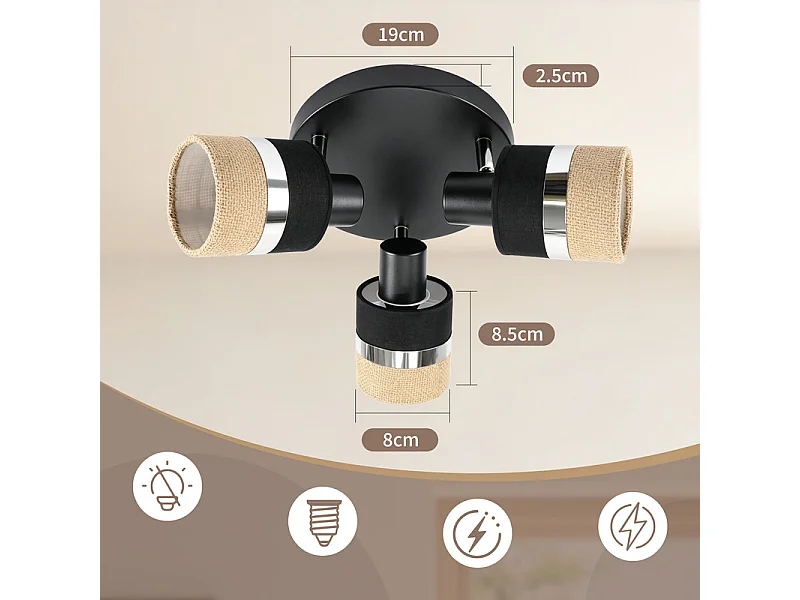 NETTLIFE Glitzerlife Applique de plafond 3 flammes Ronde Lampe de plafond Noire Luminaire de plafond