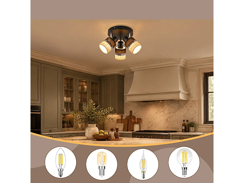 NETTLIFE Glitzerlife Applique de plafond 3 flammes Ronde Lampe de plafond Noire Luminaire de plafond