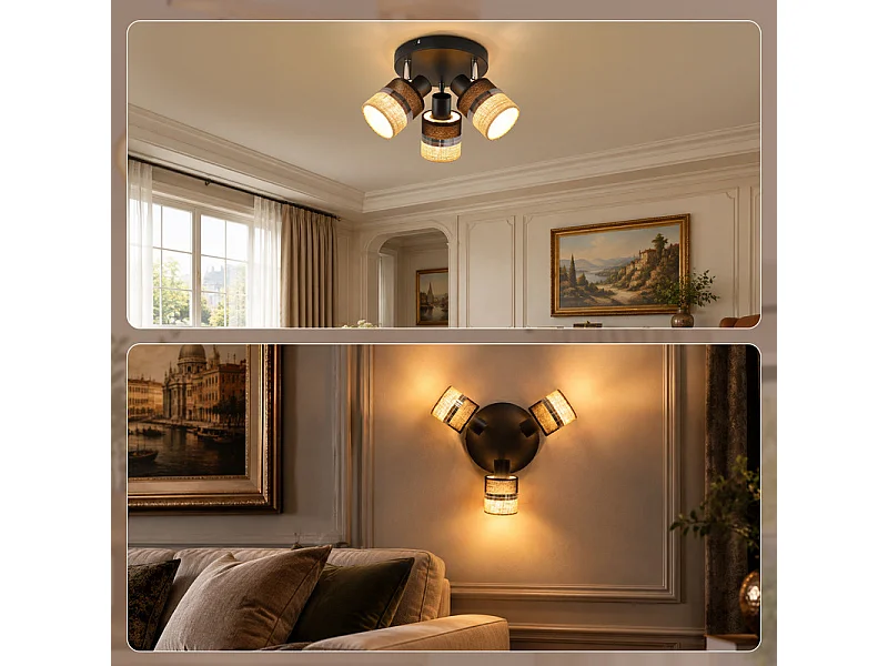 NETTLIFE Glitzerlife Applique de plafond 3 flammes Ronde Lampe de plafond Noire Luminaire de plafond