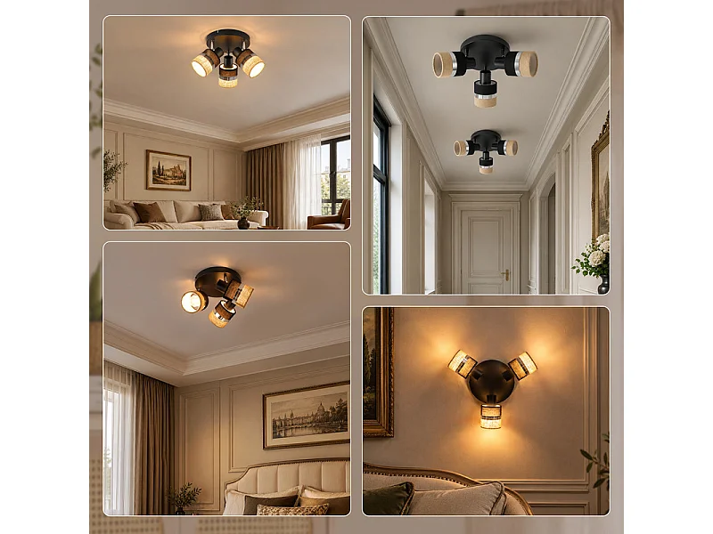 NETTLIFE Glitzerlife Applique de plafond 3 flammes Ronde Lampe de plafond Noire Luminaire de plafond