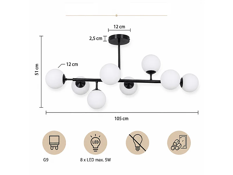 NETTLIFE Plafondlamp 8 lampen Plafondlamp voor woonkamer Plafondlamp voor slaapkamer Zwart G9